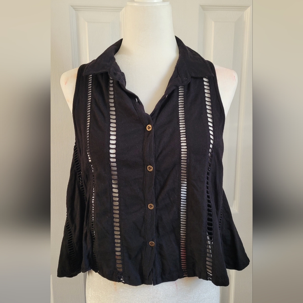 Free People Black Sleeveless Button-Down Cutout Crop Top Boho Women's Medium
